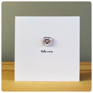 Take Care card with fused glass tile in light violet with painted heart