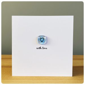 With Love card with fused glass tile in true blue with painted heart