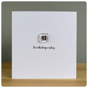 Happy 18th Birthday card with fused glass tile in silver grey with silver sparkles